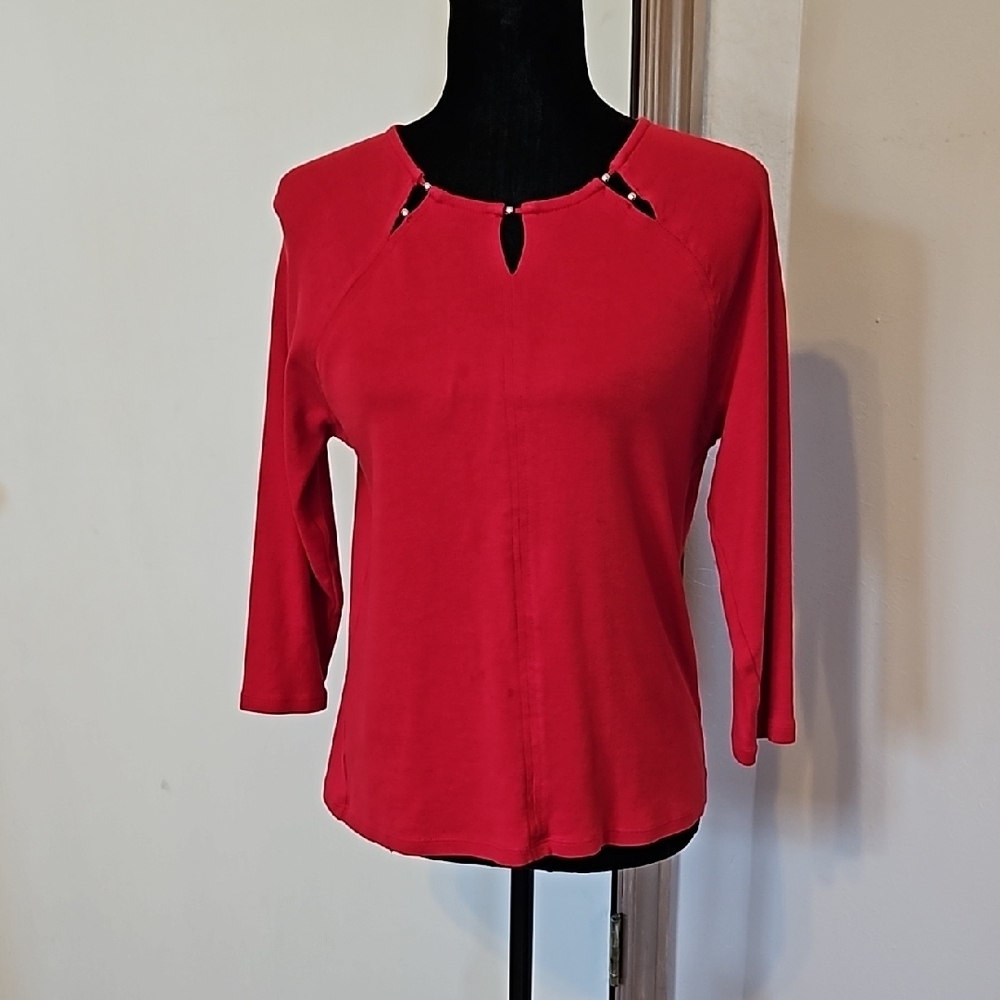 Rafaella Red 3/4 Sleeve Keyhole Top